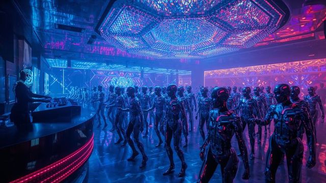 Futuristic Dance Hall with Metallic Robots and LED Lighting