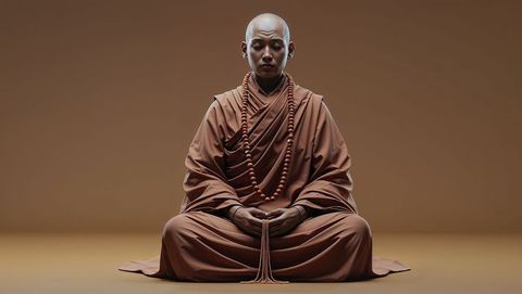 Serene buddhist monk meditating in isolated space with prayer beads