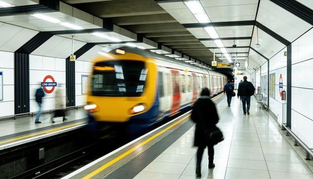 Blurred commuter train passing through modern underground platform with walking passengers