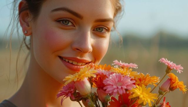 Woman with Green Eyes Holding Dewy Daisies at Golden Hour in Meadow