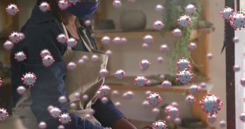 Ceramic Art COVID Safety: Woman Crafting Pottery With Mask