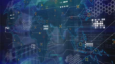 Digital World Map Interface with Futuristic Data Visuals