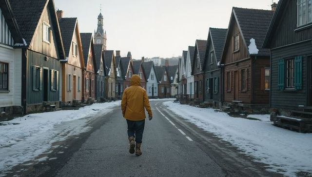 Solitary walker wearing mustard hooded parka walking down snow-lined nordic village street