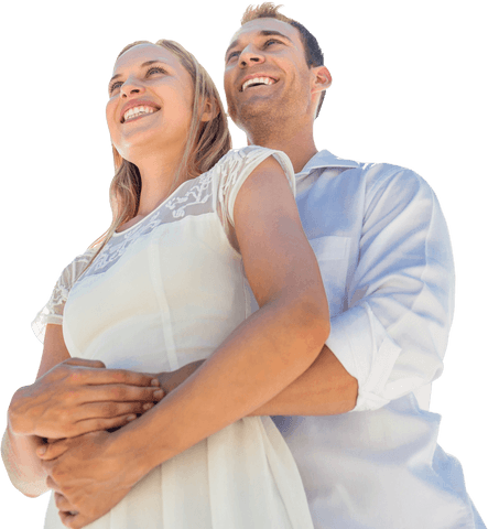 Happy Caucasian Couple Embracing on Clear Background