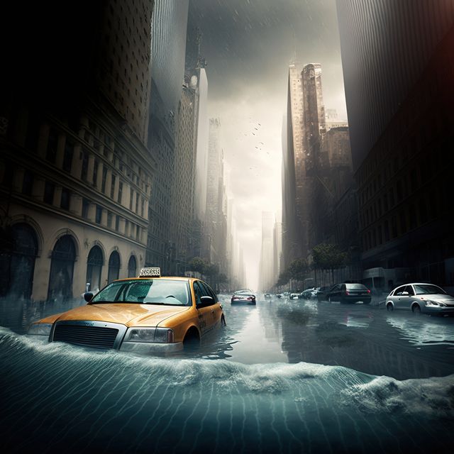 Taxi stranded in flooded urban street with high-rise buildings. Waterlogged road creates hazardous driving conditions. Perfect for illustrating urban flooding impacts, severe weather, or climate change topics.