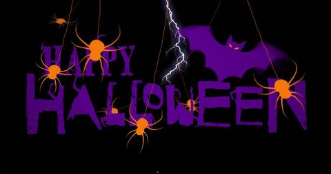 Bright Halloween Text with Spiders and Bat Silhouette on Dark Background