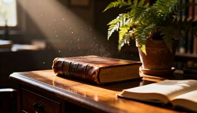 Antique Leather Book on Sunlit Wooden Desk with Dust Motes and Potted Fern