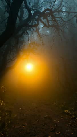 Glowing Orb Illuminating Misty Forest Path with Twisted Branches | Vertical Ambient Video