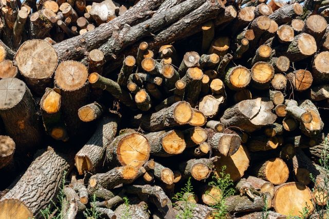 Scene showing several neatly stacked logs in a forest clearing under daylight. Ideal for use in content related to forestry, woodworking, natural resources, sustainability, or firewood gathering.