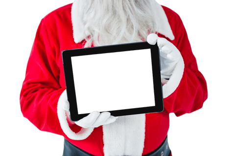 Santa Claus Holding Transparent Tablet for Festive Holiday Designs