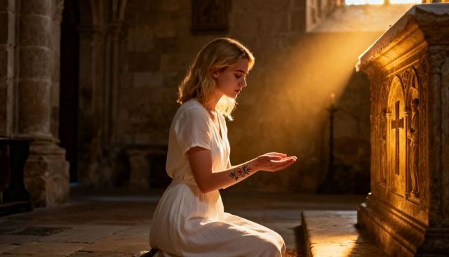 Young woman kneeling at chapel altar in white dress, golden sunlight, floral tattoo