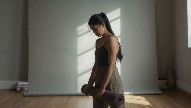 Holding rolled yoga mat asian woman in sunlit minimal studio conveying calm