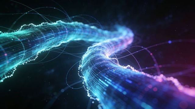 Twisting neon data streams flowing through dark void with glowing particle nodes futuristic