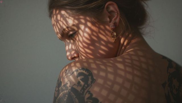 Turning portrait casting lattice shadow over tattooed shoulder with gold earrings