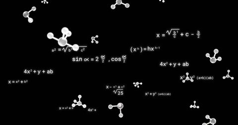 Molecular structures overlaid with mathematical equations on dark background