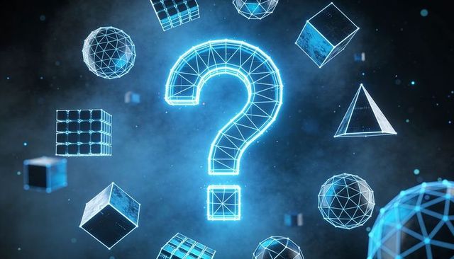 Glowing Wireframe Question Mark Floating with Neon Geometric Shapes for AI Tech