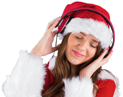 Joyful festive santa girl in red enjoying music with headphones