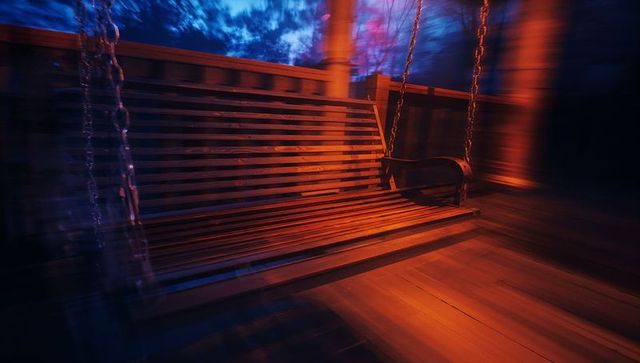 Rustic porch swing with warm amber light at twilight