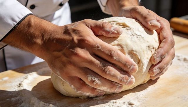 Chef Hands Kneading Rustic Flour-Dusted Dough on Wooden Board Close-Up for Artisanal Baking