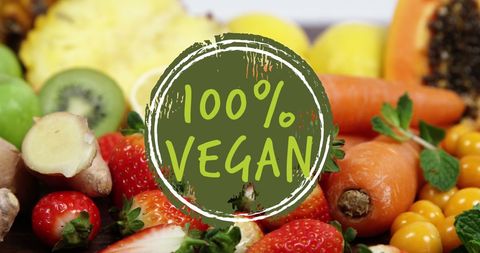 100% Vegan Concept with Fresh Fruits and Vegetables Background