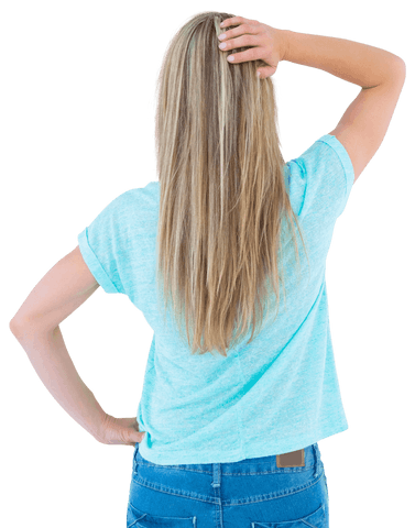 Rear View of Blonde Woman in Blue Shirt with Transparent Background