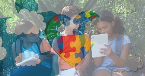 Children Engaging with Tablets Surrounded by Nature and Autism Awareness Symbol