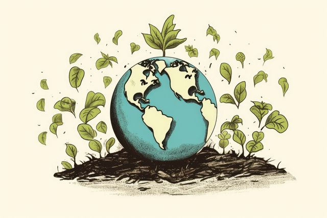 This vibrant illustration features the Earth surrounded by growing plants and leaves, symbolizing eco-friendly practices and environmental sustainability. Ideal for use in content relating to earth conservation, green energy, and environmental awareness campaigns. Perfect for websites, educational material, social media posts, posters, and eco-friendly product promotions.