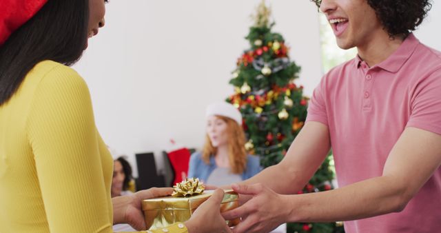 Happy biracial man giving present and hugging non binary transgender friend in santa hat at home - Download Free Stock Photos Pikwizard.com