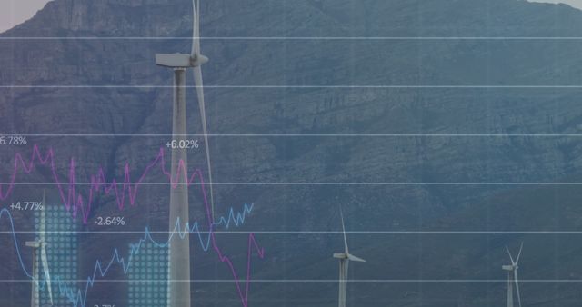 Financial Graph Displayed Over Wind Turbines with Mountain Background - Download Free Stock Images Pikwizard.com