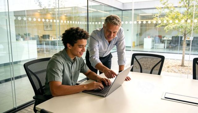 Senior mentor guiding junior colleague on laptop in modern glass-walled office conference room