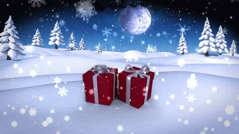 Christmas Gifts in Snowy Winter Setting with Moonlit Sky