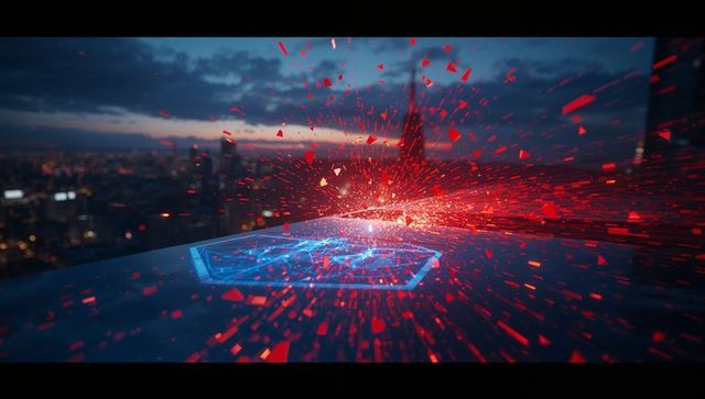Projecting hexagonal hologram emitting red shards across city rooftop at dusk