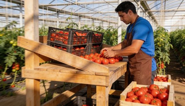 Greenhouse worker packing ripe tomatoes into wooden crates for market distribution