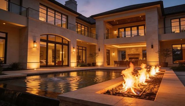 Luxury backyard featuring linear fire trough reflecting flames on rippling pool at dusk