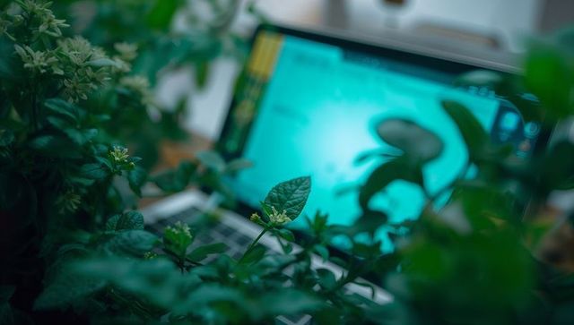 Laptop surrounded by foliage in eco-friendly workspace