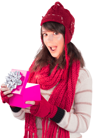 Surprised Brunette Woman Holding Pink Gift Box with Scarf; Red Outfit Transparent