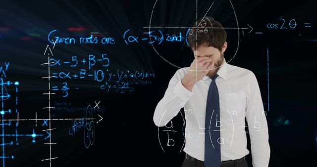 Businessman wearing white shirt and tie analyzing complex mathematical formulas on whiteboard. He appears stressed and rubbing his temple. Suitable for themes related to business challenges, problem-solving, critical thinking, corporate planning, and financial analysis.