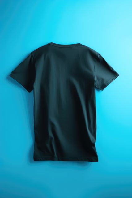 Black tshirt with copy space on blue background, created using generative ai technology. Clothing, texture, material, digitally generated image.