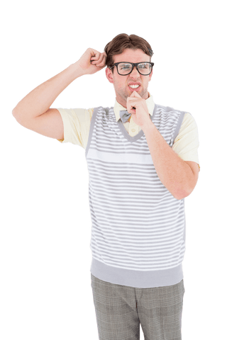 Transparent puzzled hipster in striped shirt experiencing confusion