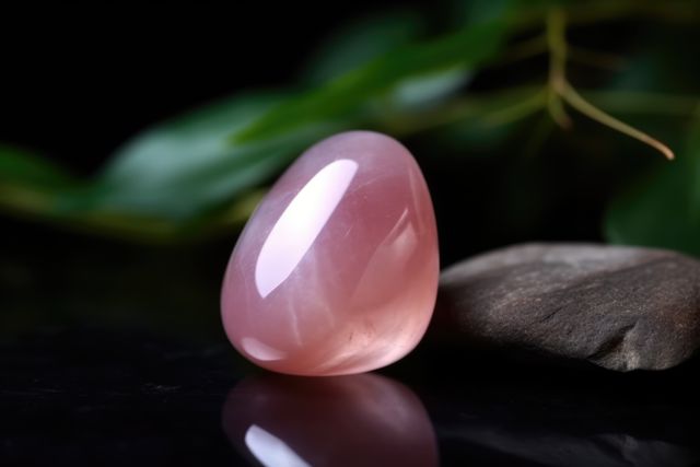 Pink crystal is displayed against dark background accentuated by green leaves. Could be used for blogs on healing, wellness, meditation, jewelry, and nature-themed publications enhancing tranquility and natural beauty.