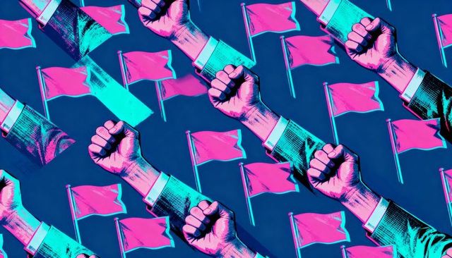 Rising fists and waving flags creating neon pop-art pattern with halftone suits and rhythm