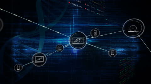 Digital Network Connections on Futuristic DNA Background