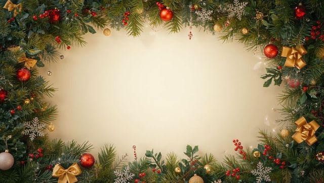 Festive christmas garland with baubles decorating beige background