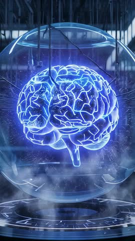 Neon brain powering up and rotating inside glass sphere in high-tech lab vertical video