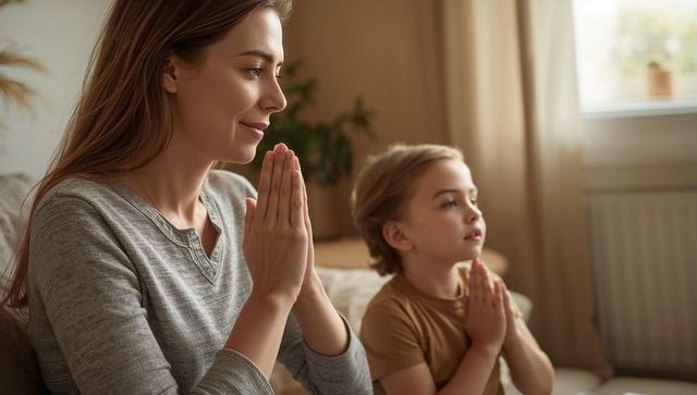 Mother and son practicing mindful meditation together on cozy living room sofa
