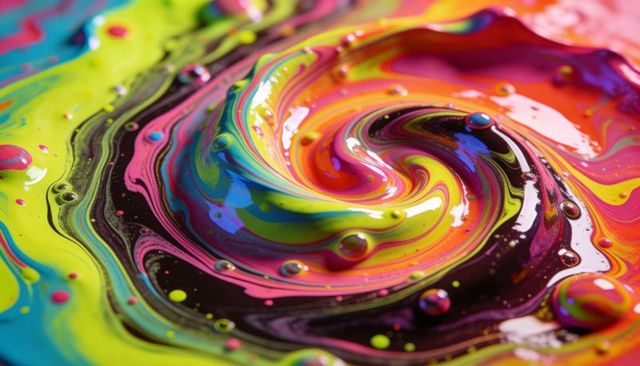 Swirling neon paint vortex glossy fluid spiral macro close-up with colorful droplets