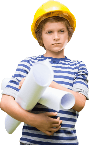 young boy holding blueprints wearing yellow safety helmet on transparent background - Download Free Stock Videos Pikwizard.com