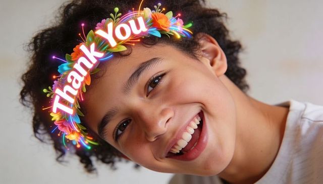Smiling child wearing vibrant floral crown with thank you text, joyful portrait