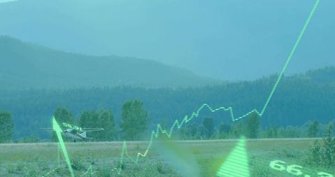 Single-engine plane on grass runway with digital overlays