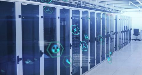 Futuristic data center with holographic technology icons